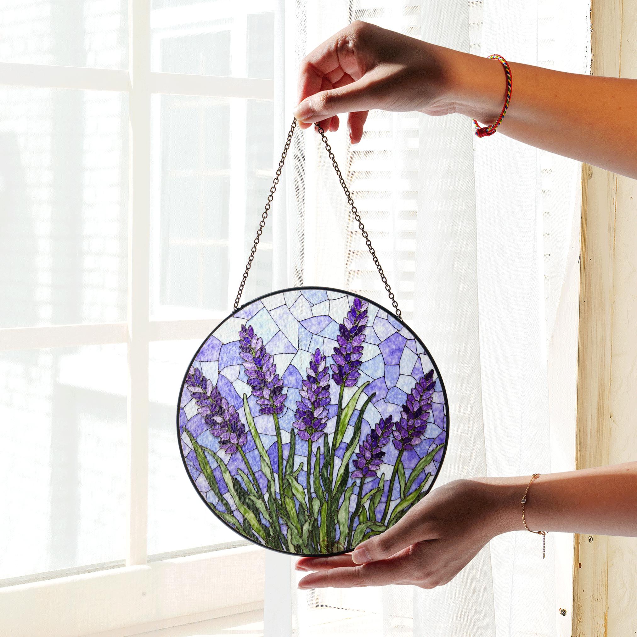 Lavender Flower Stained Glass Window Round Suncatcher Handmade Gift For Mom Or Garden Lover