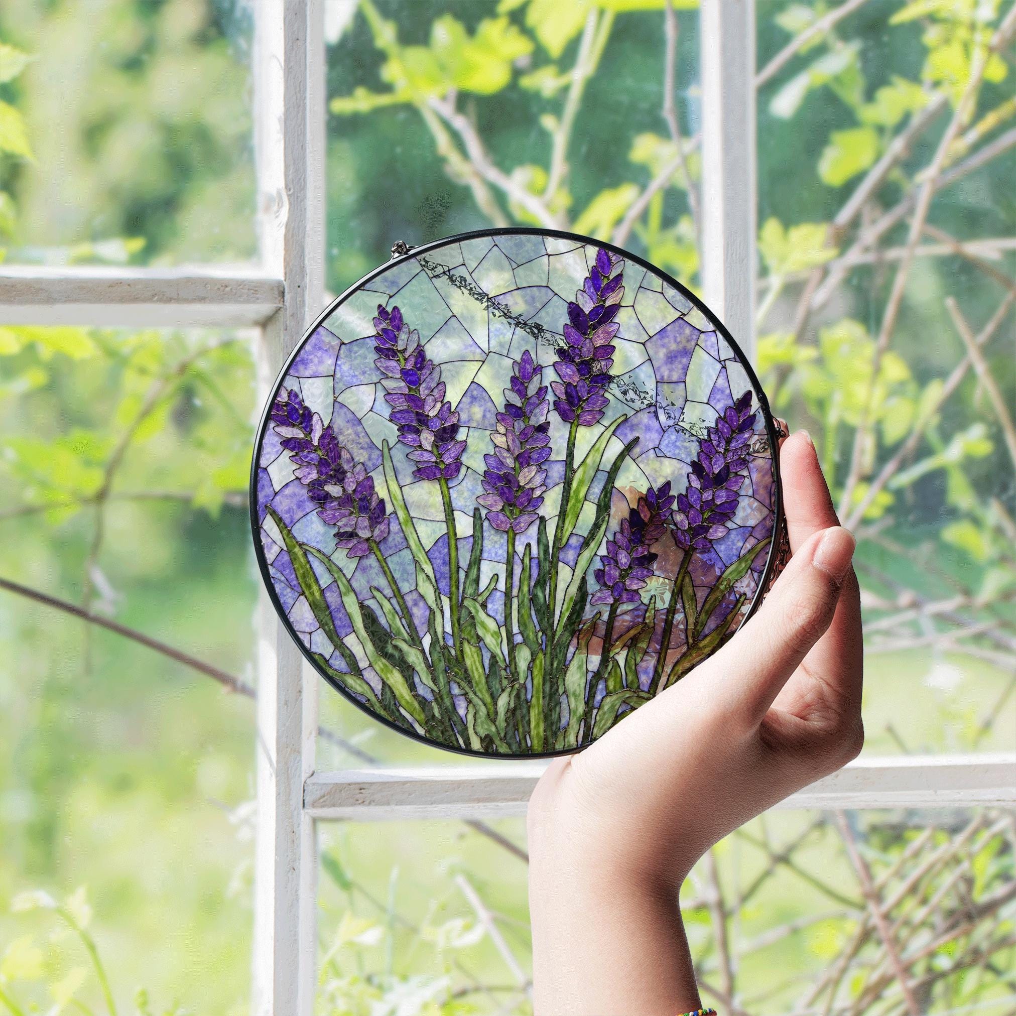 Lavender Flower Stained Glass Window Round Suncatcher Handmade Gift For Mom Or Garden Lover