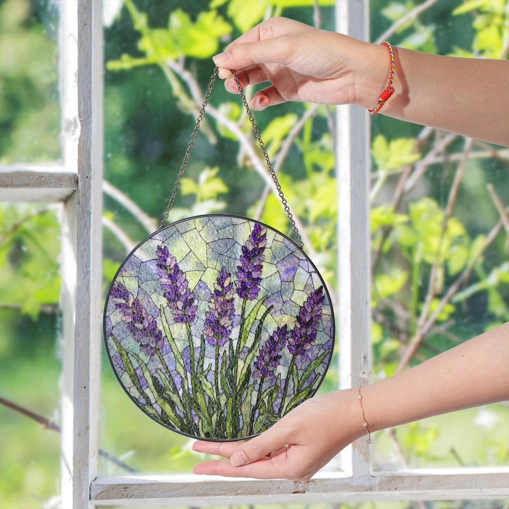 Lavender Flower Stained Glass Window Round Suncatcher Handmade Gift For Mom Or Garden Lover