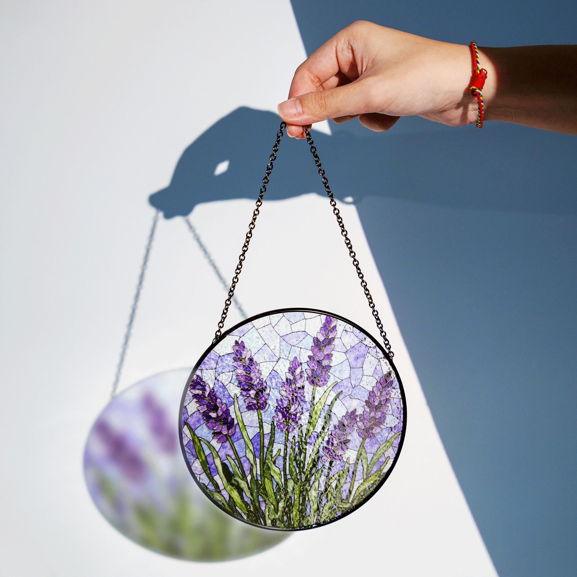 Lavender Flower Stained Glass Window Round Suncatcher Handmade Gift For Mom Or Garden Lover