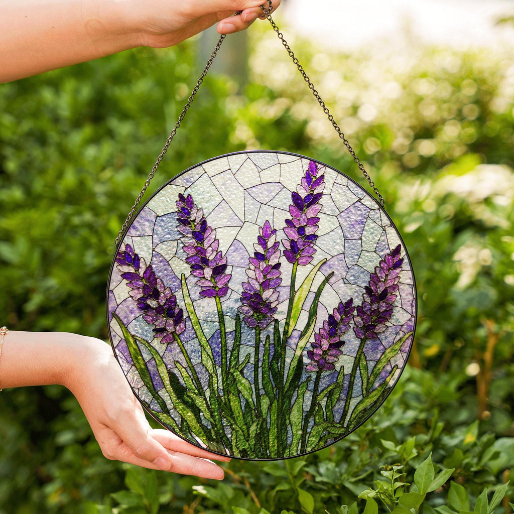 Lavender Flower Stained Glass Window Round Suncatcher Handmade Gift For Mom Or Garden Lover