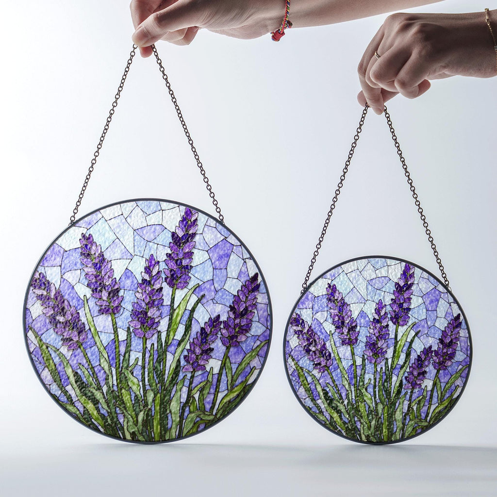 Lavender Flower Stained Glass Window Round Suncatcher Handmade Gift For Mom Or Garden Lover