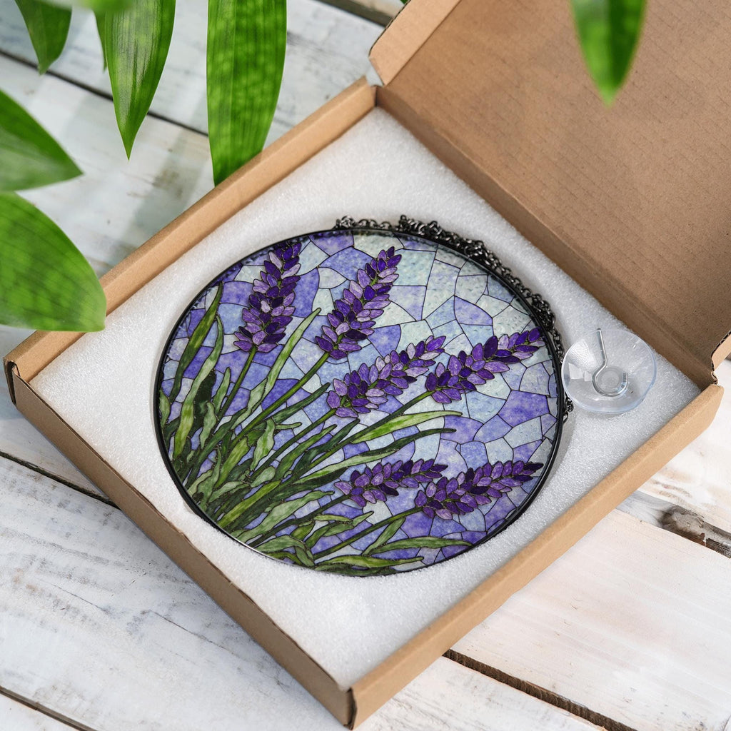 Lavender Flower Stained Glass Window Round Suncatcher Handmade Gift For Mom Or Garden Lover