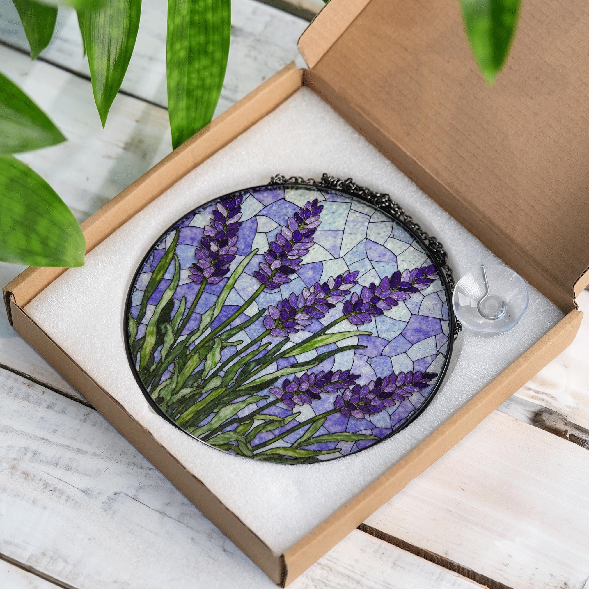 Lavender Flower Stained Glass Window Round Suncatcher Handmade Gift For Mom Or Garden Lover