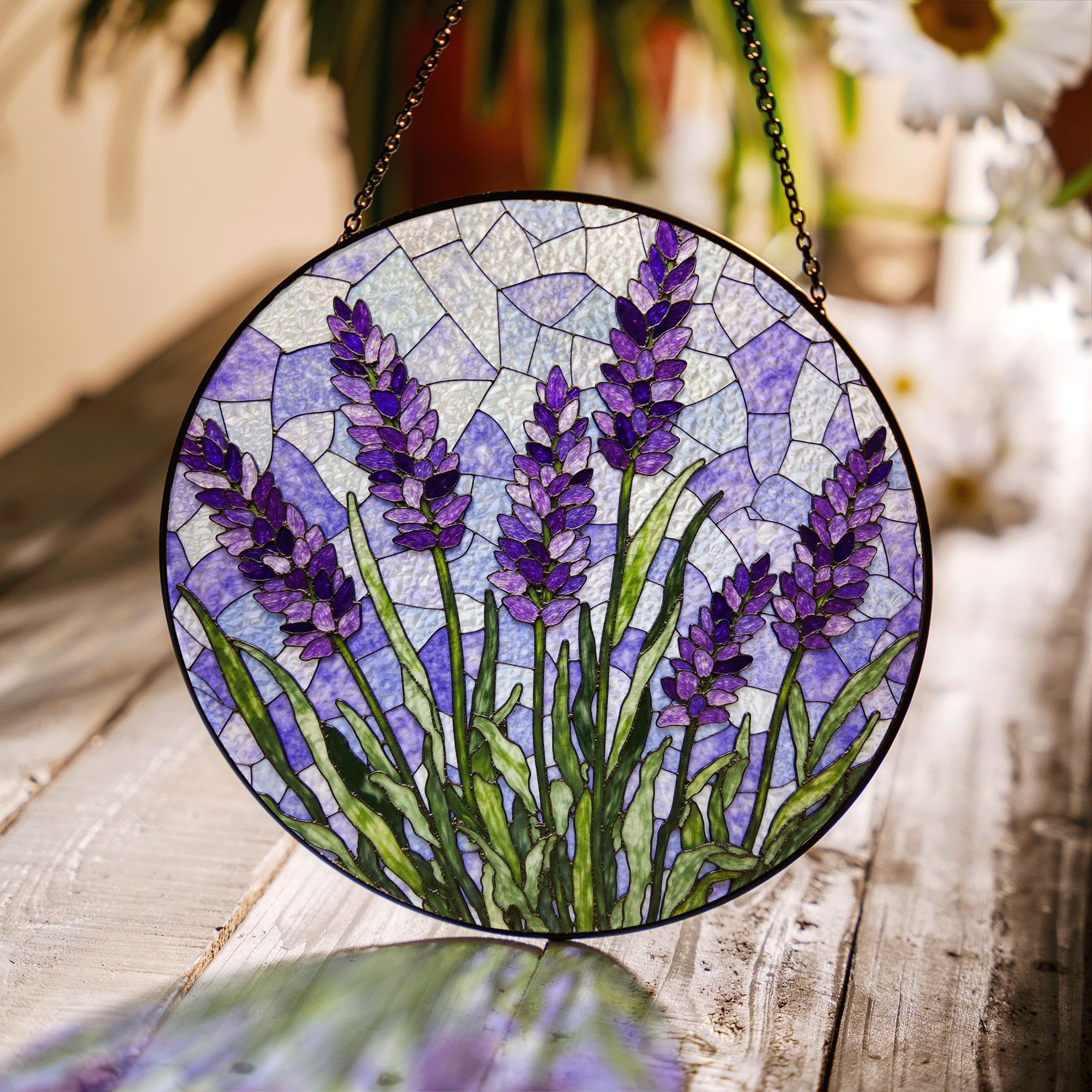 Lavender Flower Stained Glass Window Round Suncatcher Handmade Gift For Mom Or Garden Lover