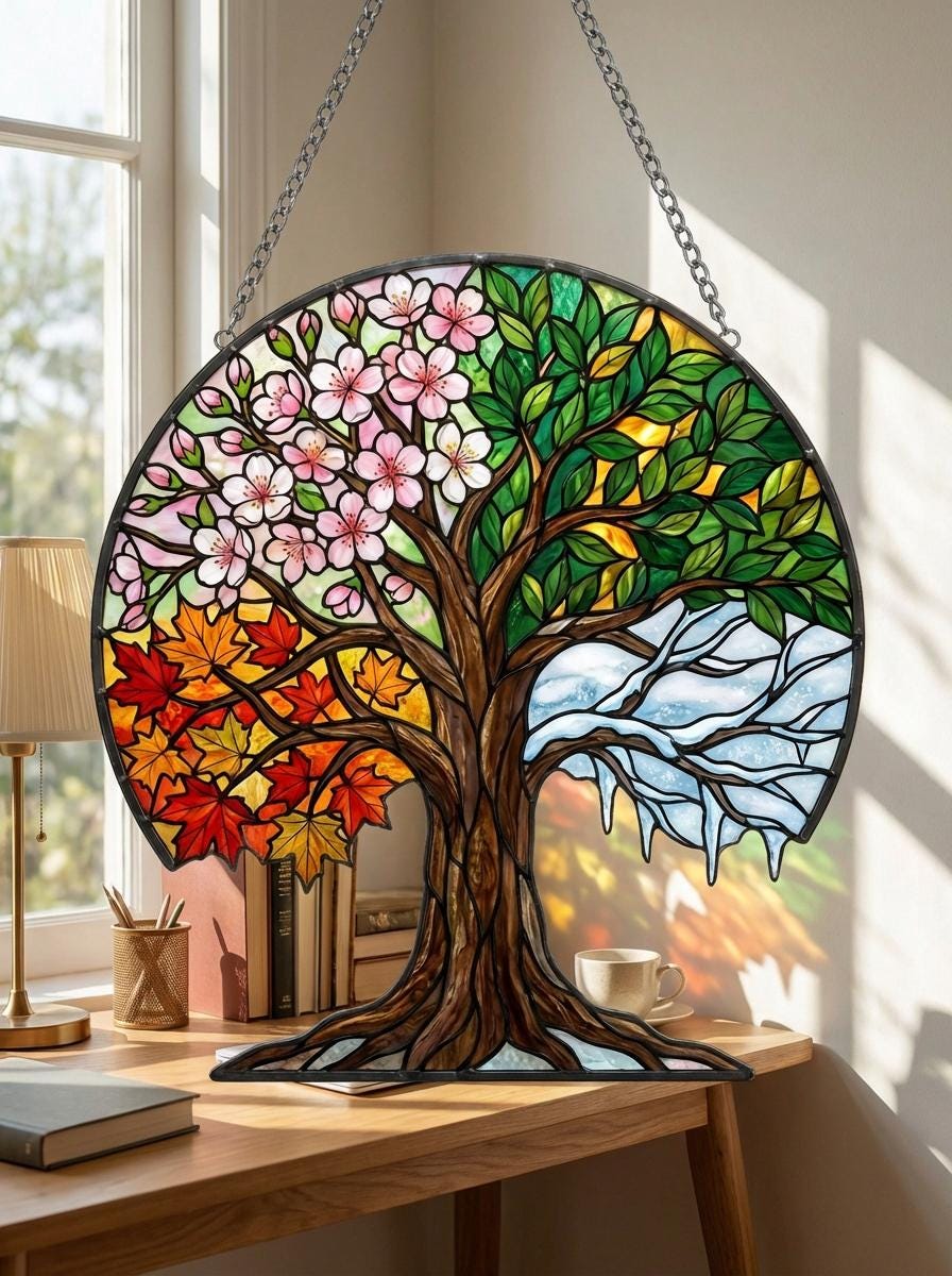 Four Seasons Tree Of Life Suncatcher, Spring Cherry Blossom & Autumn Maple Leaves Window Hanging, Nature Lover Home Decor Gift, Not Glass