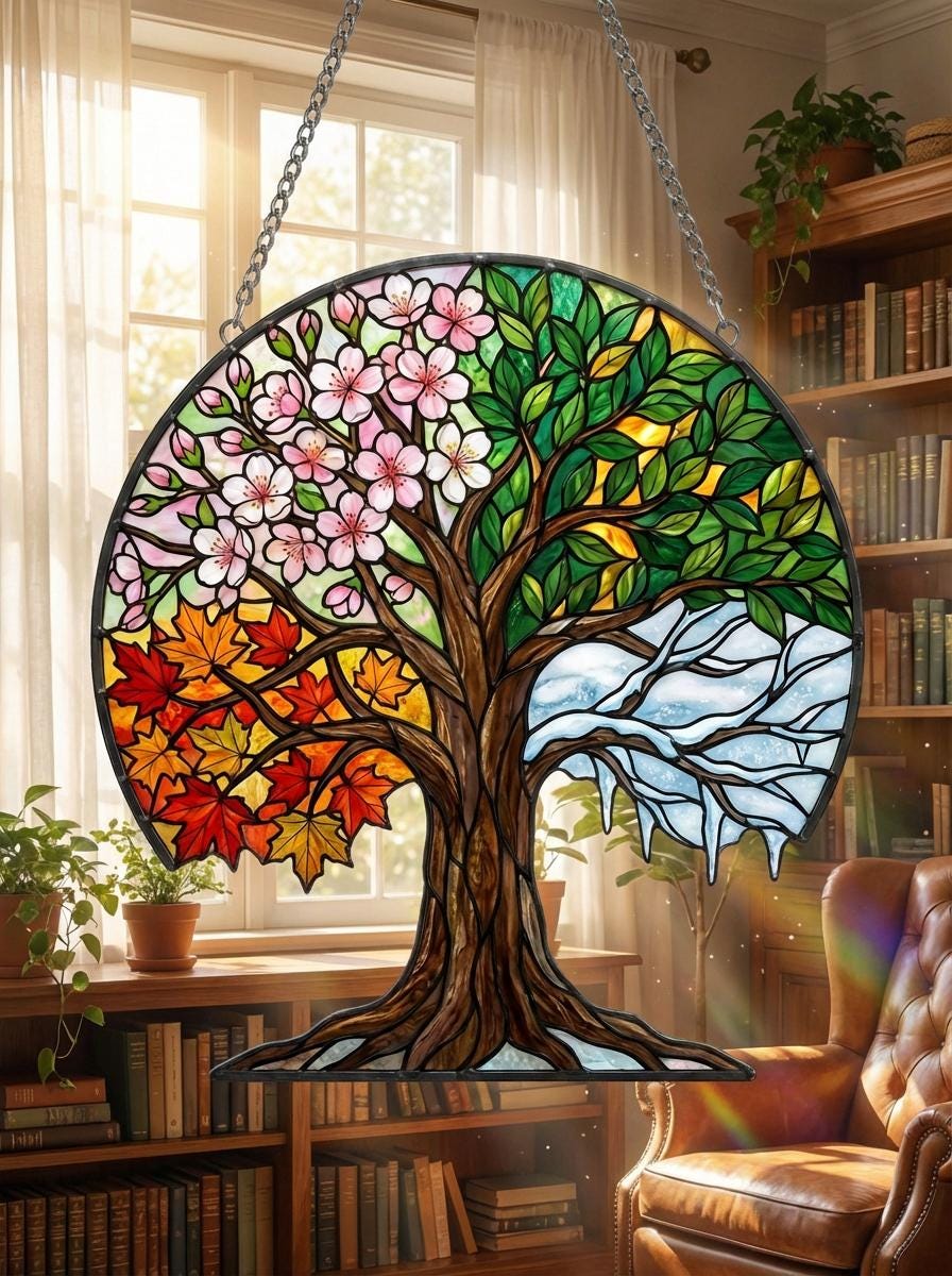 Four Seasons Tree Of Life Suncatcher, Spring Cherry Blossom & Autumn Maple Leaves Window Hanging, Nature Lover Home Decor Gift, Not Glass