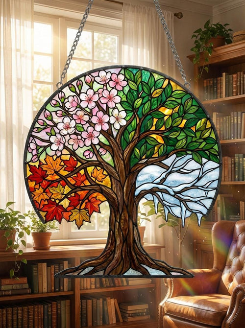 Four Seasons Tree Of Life Suncatcher, Spring Cherry Blossom & Autumn Maple Leaves Window Hanging, Nature Lover Home Decor Gift, Not Glass