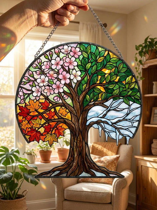 Four Seasons Tree Of Life Suncatcher, Spring Cherry Blossom & Autumn Maple Leaves Window Hanging, Nature Lover Home Decor Gift, Not Glass