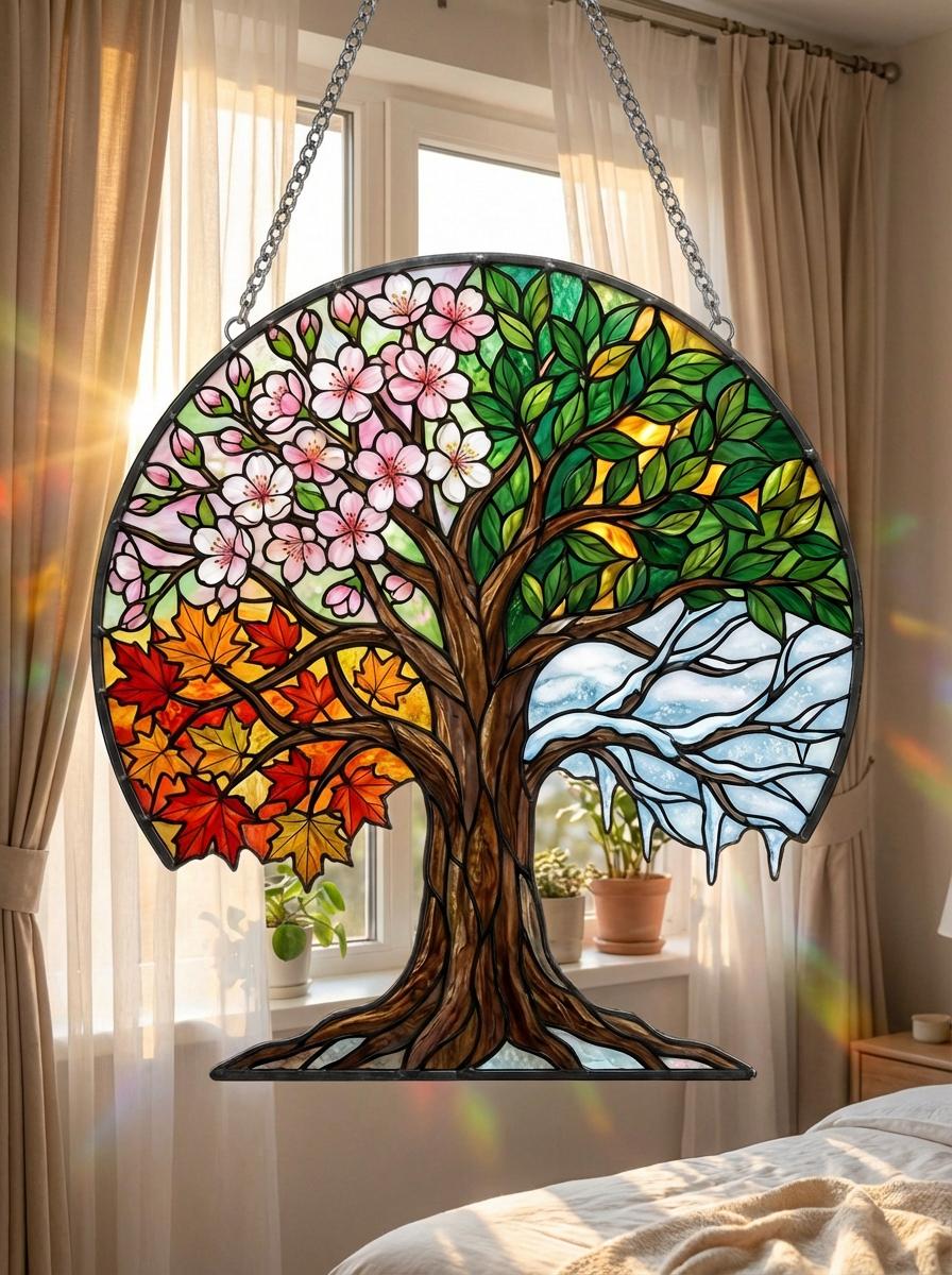 Four Seasons Tree Of Life Suncatcher, Spring Cherry Blossom & Autumn Maple Leaves Window Hanging, Nature Lover Home Decor Gift, Not Glass
