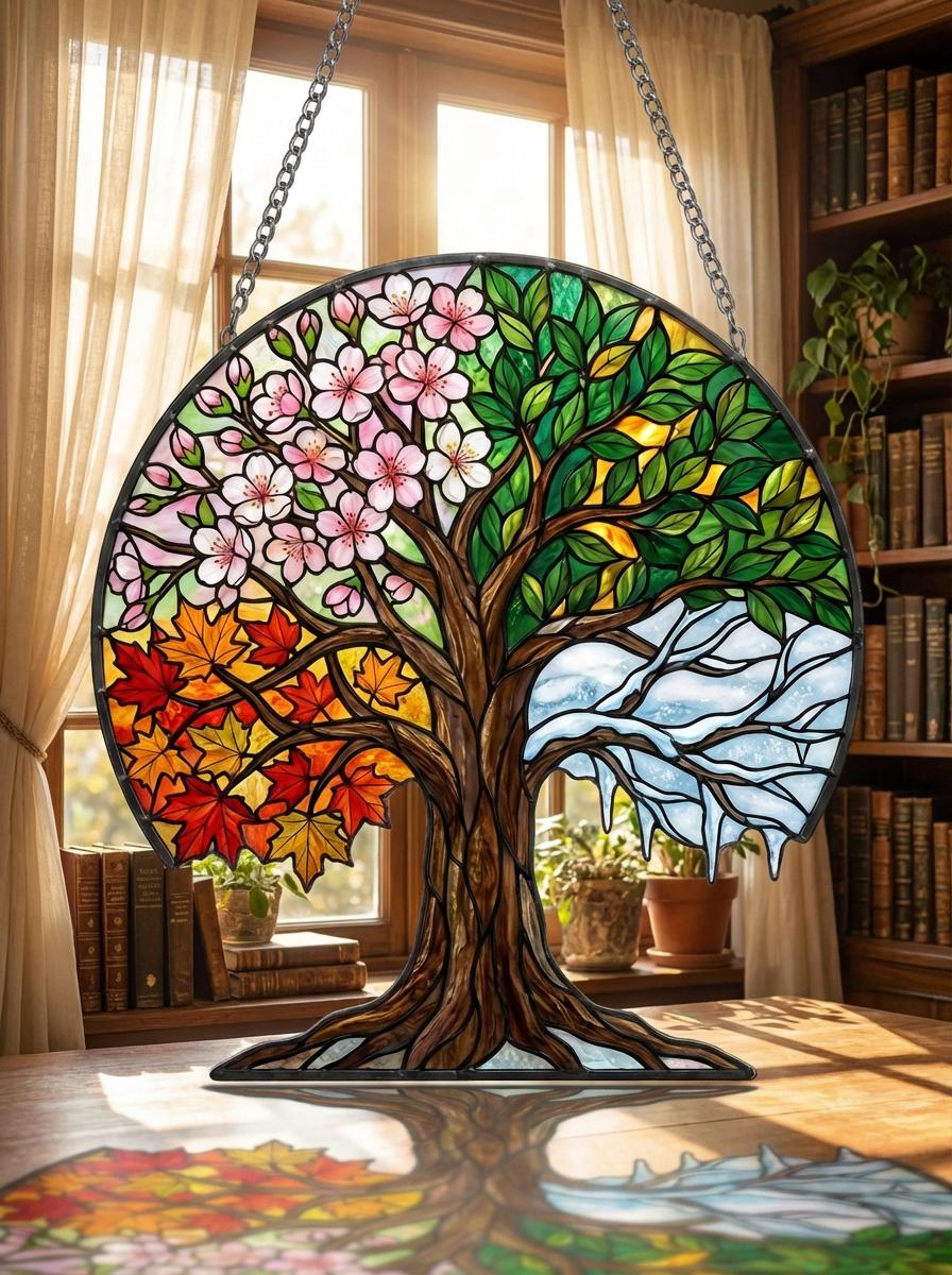 Four Seasons Tree Of Life Suncatcher, Spring Cherry Blossom & Autumn Maple Leaves Window Hanging, Nature Lover Home Decor Gift, Not Glass