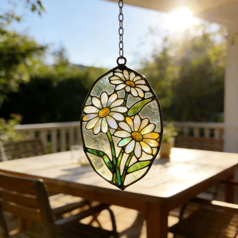 Handmade Daisy Stained Glass Suncatcher, Floral Window Hanging, Garden Flower Suncatcher