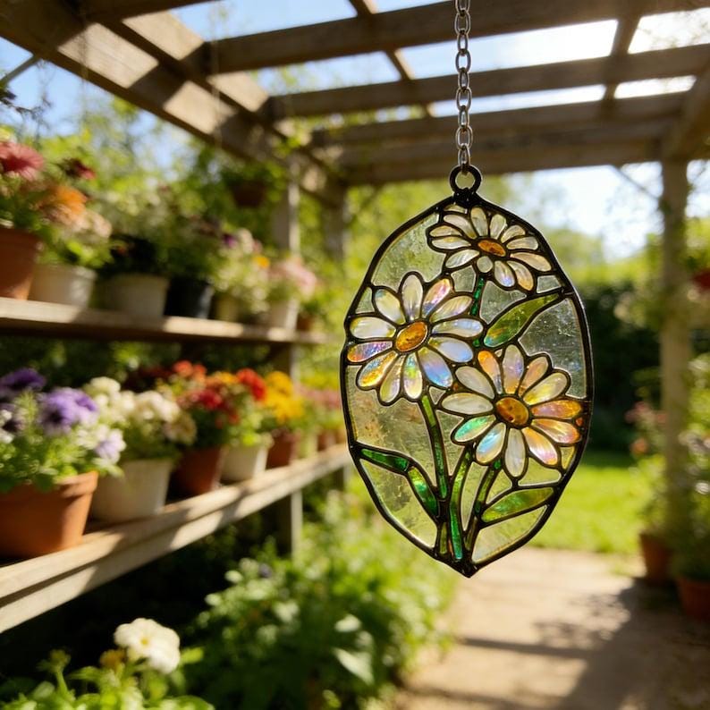 Handmade Daisy Stained Glass Suncatcher, Floral Window Hanging, Garden Flower Suncatcher
