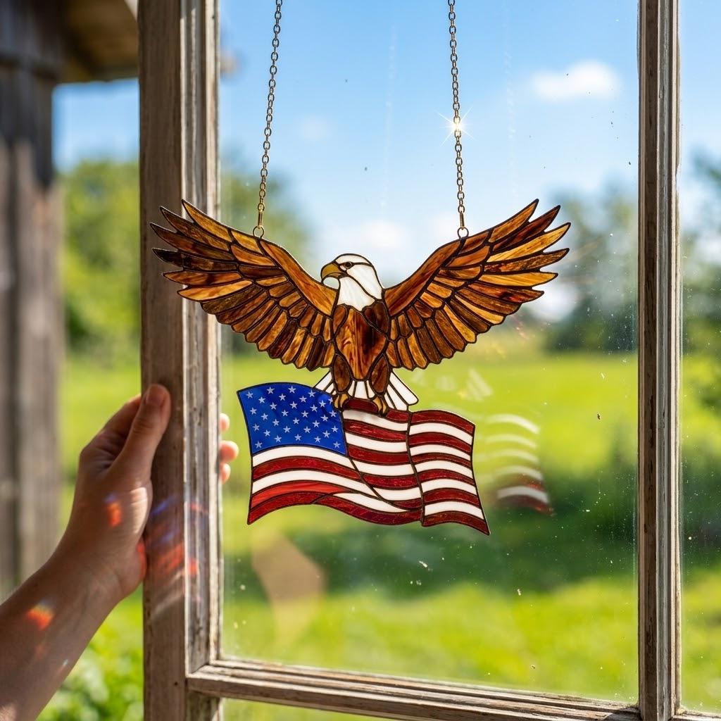 Usa 250th Anniversary America Eagle Suncatcher, July 4th Independence Day Decor, American Flag Stained Glass, Patriotic Gift For Veteran